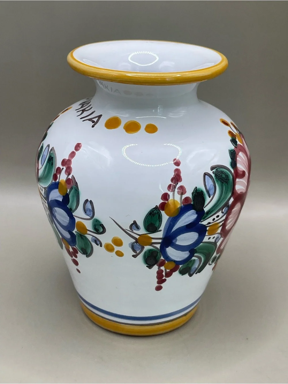 VTG Slovakia Ludova Majolika 4” Vase Jar Hand Painted Pottery Signed Floral
